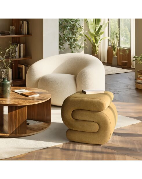 Pouf en tissu effet velours jaune moutarde