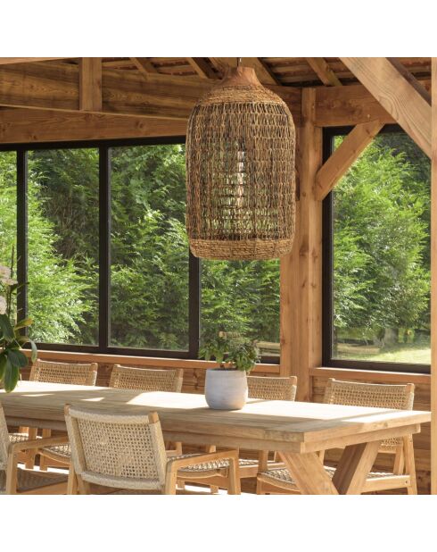 Suspension 50x50cm en abaca couleur naturelle et teck recyclé
