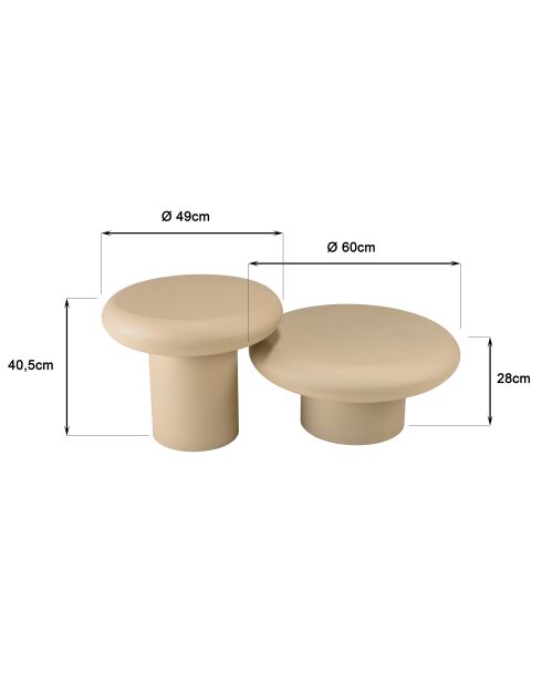 Set de 2 tables basses forme champignon en fer beige mat