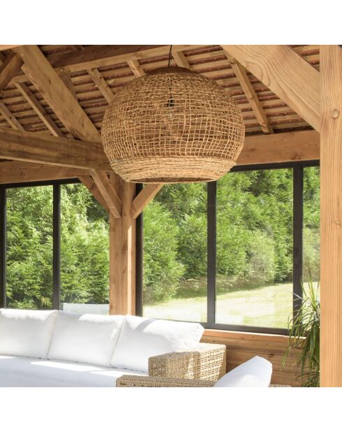Suspension boule 83x83cm en abaca couleur naturelle et teck