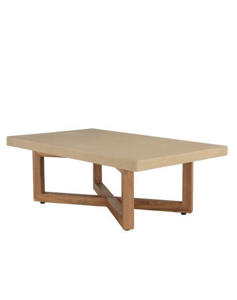 Table basse rectangle 120x70cm en béton beige pieds croisés en teck