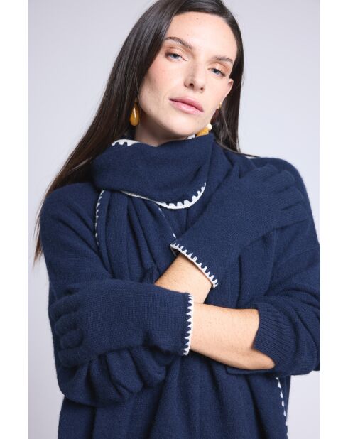 Gants en cachemire unisexe à surpiqûres bleu marine et blanc