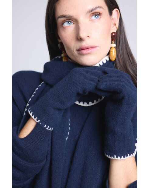 Gants en cachemire unisexe à surpiqûres bleu marine et blanc