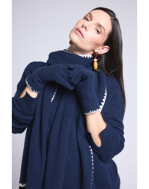 Gants en cachemire unisexe à surpiqûres bleu marine et blanc