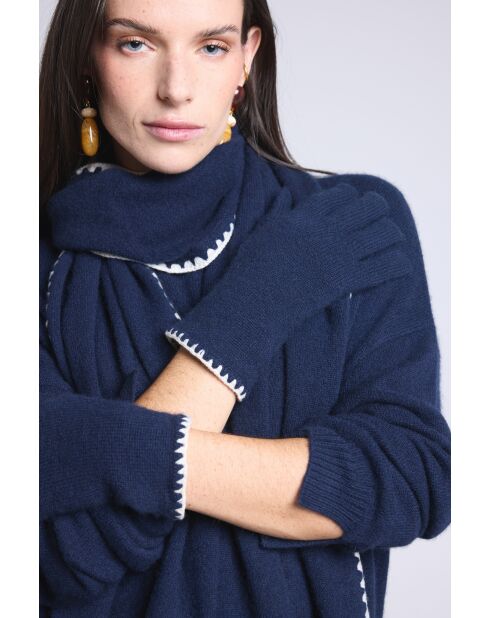 Gants en cachemire unisexe à surpiqûres bleu marine et blanc