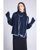 Sciarpa in cashmere con cuciture blu marino e bianche