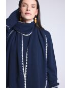 Sciarpa in cashmere con cuciture blu marino e bianche