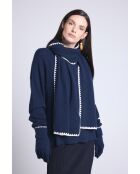 Sciarpa in cashmere con cuciture blu marino e bianche