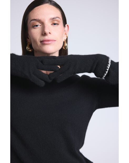 Gants en cachemire unisexe à surpiqûres noir et blanc