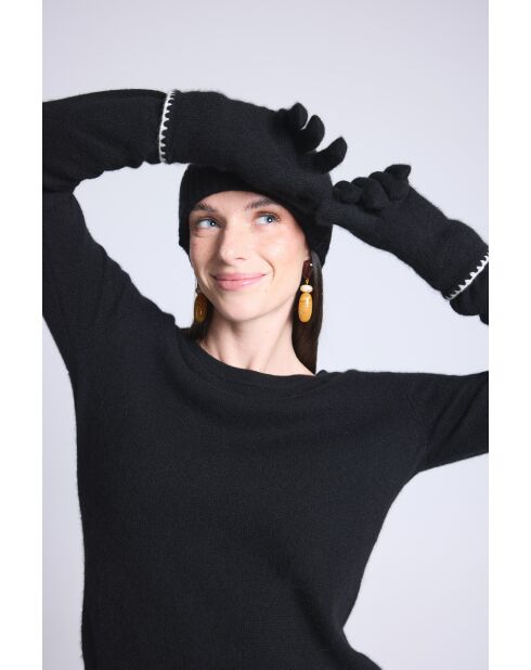 Gants en cachemire unisexe à surpiqûres noir et blanc