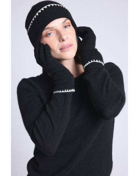 Gants en cachemire unisexe à surpiqûres noir et blanc