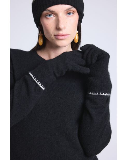 Gants en cachemire unisexe à surpiqûres noir et blanc