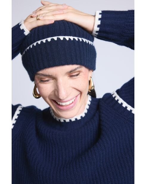 Bonnet en cachemire unisexe à surpiqûres bleu marine blanc