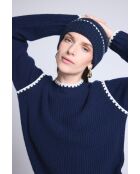 Uniseks kasjmierhoed met marineblauwe witte stiksels