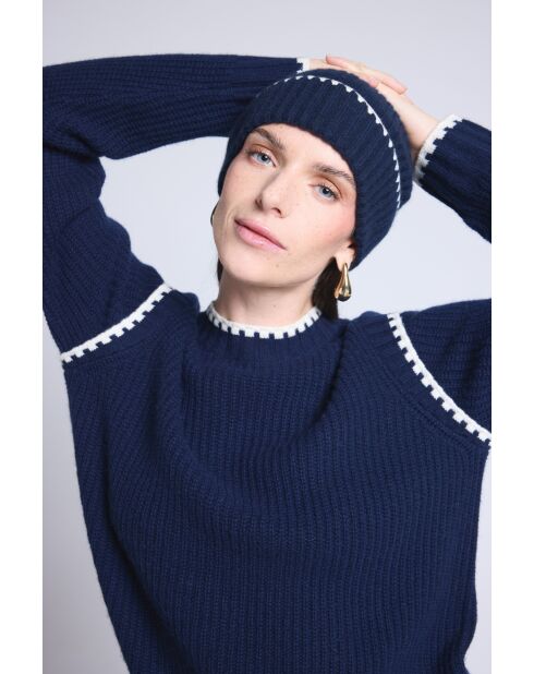 Bonnet en cachemire unisexe à surpiqûres bleu marine blanc