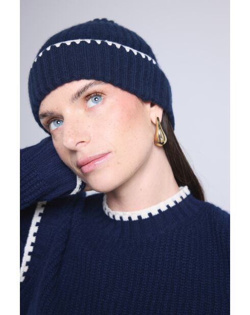 Bonnet en cachemire unisexe à surpiqûres bleu marine blanc