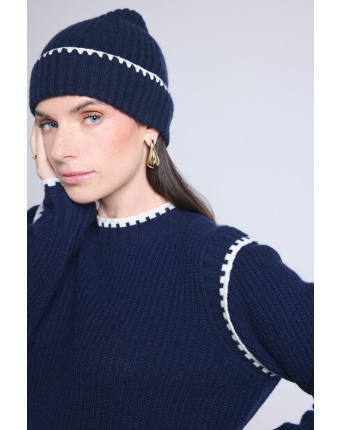 Bonnet en cachemire unisexe à surpiqûres bleu marine blanc