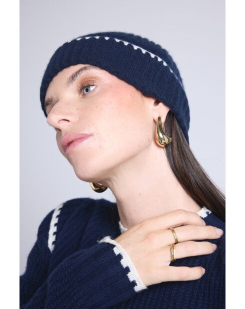 Bonnet en cachemire unisexe à surpiqûres bleu marine blanc