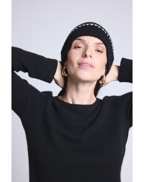 Bonnet en cachemire unisexe à surpiqûres noir blanc