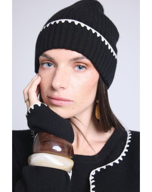 Bonnet en cachemire unisexe à surpiqûres noir blanc