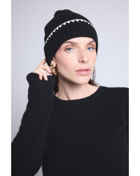 Bonnet en cachemire unisexe à surpiqûres noir blanc