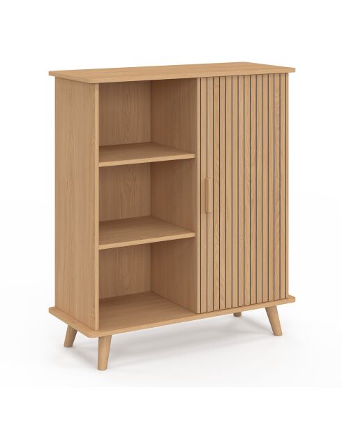 Buffet Faustine 3 étagères et 1 placard effet lattes bois/blanc - 70x30x81 cm