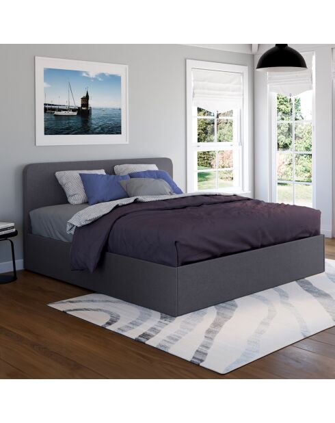 Lit coffre Louise en tissu gris avec sommier et tête de lit arrondie 160x200 cm