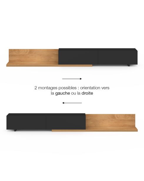 Meuble TV extensible Movena bois/noir - 360x32x35 cm