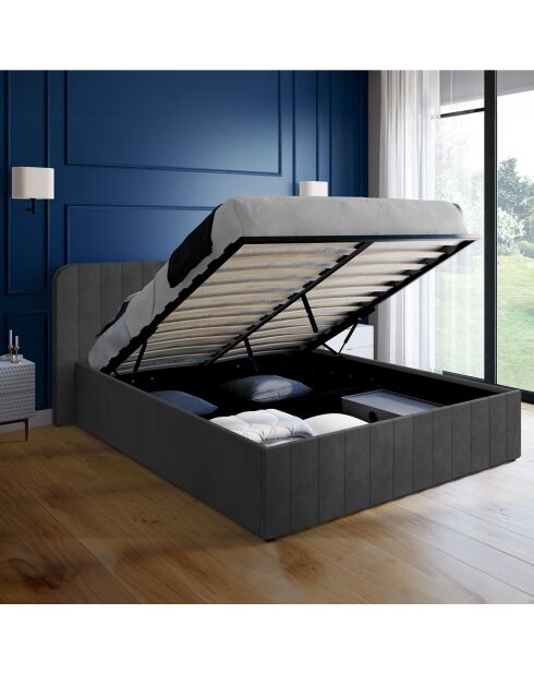 Letto a baule Valentina in velluto grigio con base a molle e testiera 160x200cm