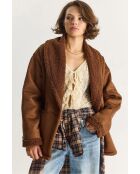 Manteau en daim avec poches en fausse fourrure et col châle brune