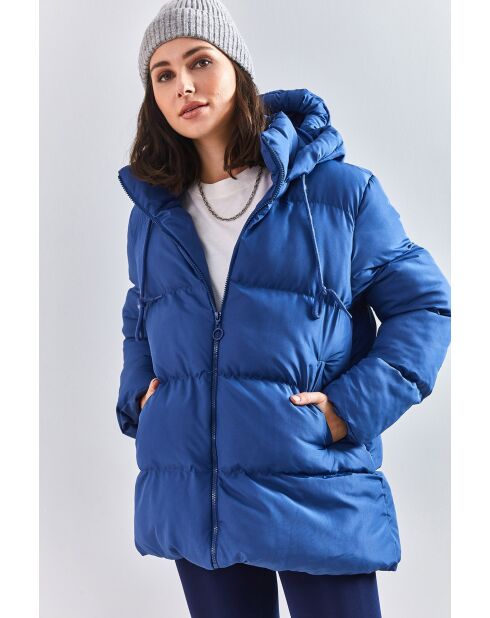 Doudoune longue à capuche avec cordon de serrage bleu marine