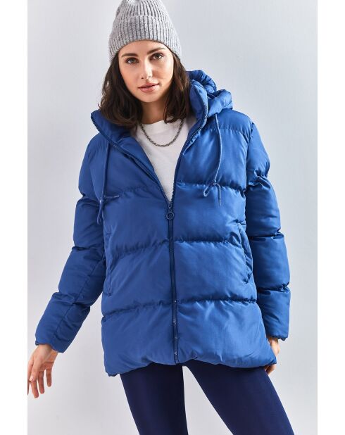 Doudoune longue à capuche avec cordon de serrage bleu marine