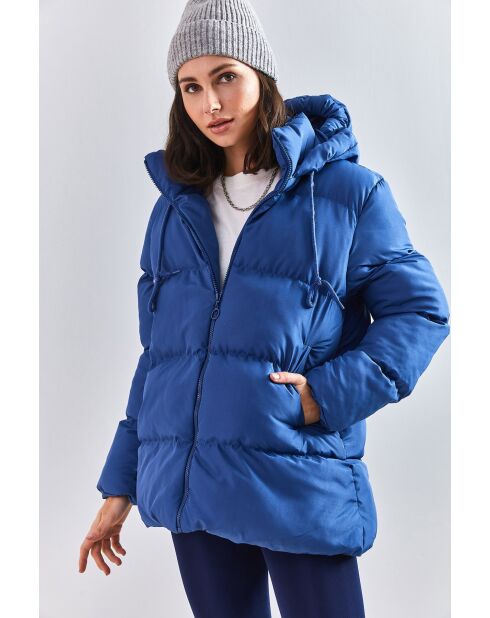 Doudoune longue à capuche avec cordon de serrage bleu marine