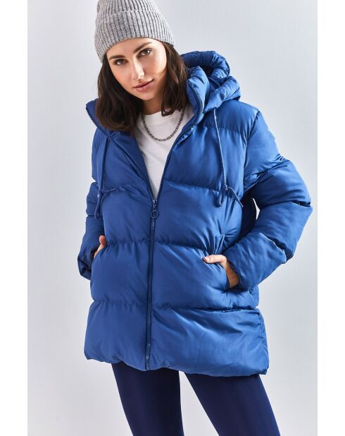 Doudoune longue à capuche avec cordon de serrage bleu marine