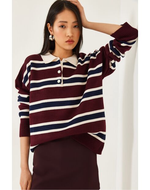 Pull polo en maille bourgogne et crème