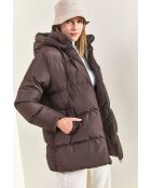 Doudoune longue à capuche avec cordon de serrage brune