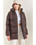 Doudoune longue à capuche avec cordon de serrage brune