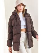 Doudoune longue à capuche avec cordon de serrage brune