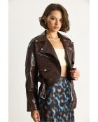 Giacca corta con cintura in ecopelle stampa coccodrillo marrone amaro