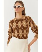 Pull à col rond à motif losanges brun/beige