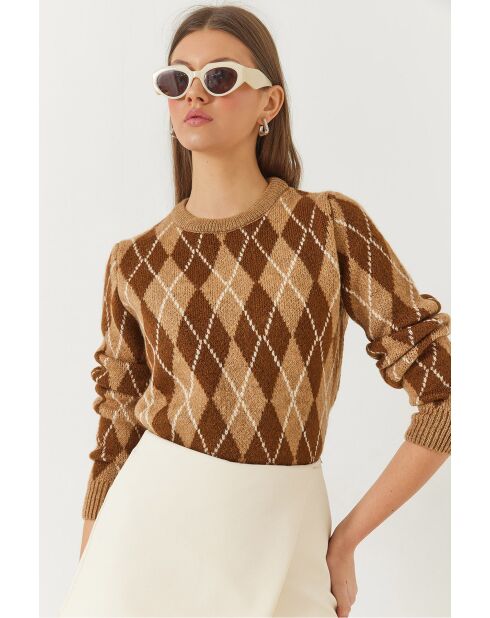 Pull à col rond à motif losanges brun/beige