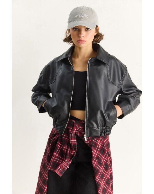 Chaqueta bomber sobredimensionada de piel sintética con cintura elástica negra