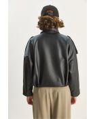 Chaqueta bomber extragrande de piel sintética con detalles de bolsillo negros