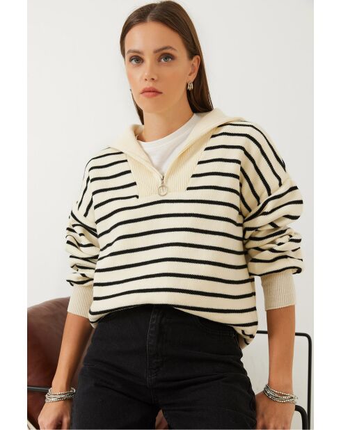 Pull en maille rayé à fermeture éclair crème et noir