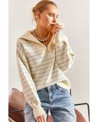 Pull en maille rayé à fermeture éclair crème et bleu ciel