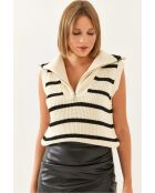 Pull sans manches rayé col marinière crème/noir