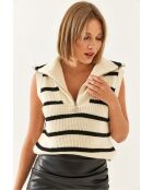 Pull sans manches rayé col marinière crème/noir