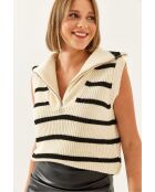 Pull sans manches rayé col marinière crème/noir