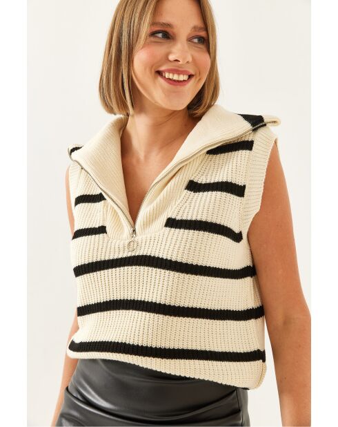 Pull sans manches rayé col marinière crème/noir