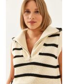 Pull sans manches rayé col marinière crème/noir